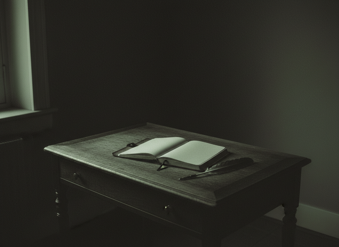 Düsteres literarisches Beitragsbild für den Prosatext „Die Kunst des Ungesagten“ von Tess Welter: ein leerer, alter Schreibsekretär bei schwachem grünlichem Restlicht, ein halb geöffnetes Notizbuch mit einer unbeschriebenen Seite, tiefe Schatten, entsättigte Anthrazit- und Graugrüntöne, feines analoges Filmkorn, still, rätselhaft und psychologisch gespannt, keine lesbaren Wörter, keine Personen, keine drastischen Motive.