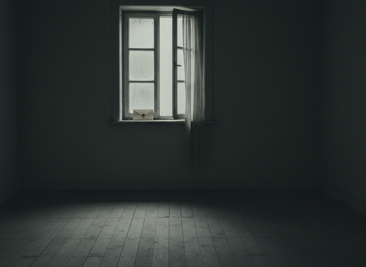 Ein eigenständiges, düsteres literarisches Motiv für den Prosatext „Die Entschuldigung“ von Tess Welter: ein halb geöffnetes, altes Fenster in einem stillen, beinahe leeren Zimmer, ein ungeöffneter Brief auf der Fensterbank, sanftes Restlicht, entsättigte Anthrazit- und Graugrüntöne, feines analoges Korn, tiefe Schatten, rätselhaft und atmosphärisch, ohne Menschen und ohne lesbaren Text, keine drastischen Motive.